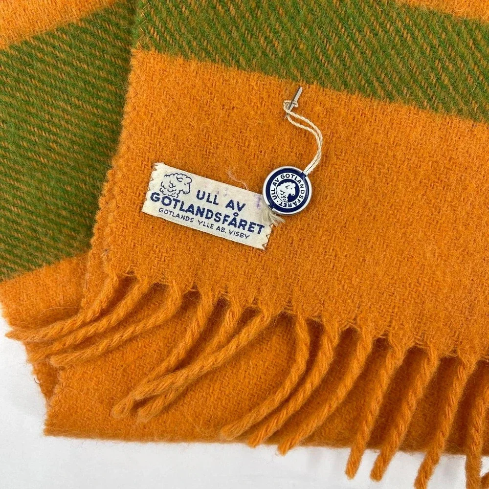 Vintage 70s Swedish Wool Gotland Scarf New Orange Striped Tassel Fall Academia